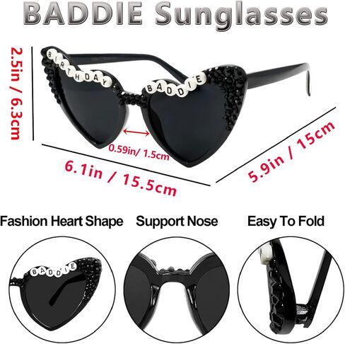 2PCS Birthday Baddie Sash and Sunglasses for Women, Glitter Black Sash with Silver Foil Birthday Baddie Print and Black Heart Shape Sunglasses Accessories for Funny Birthday Party Decorations in Saudi Arabia