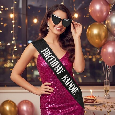 2PCS Birthday Baddie Sash and Sunglasses for Women, Glitter Black Sash with Silver Foil Birthday Baddie Print and Black Heart Shape Sunglasses Accessories for Funny Birthday Party Decorations in Saudi Arabia