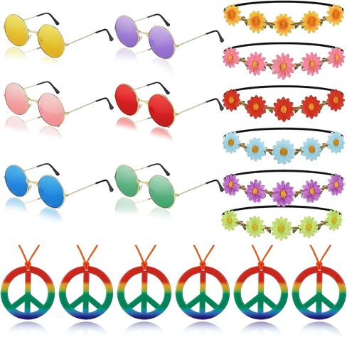 18 Pcs Hippie Costume Accessories for Women 60s 70s Hippie Accessories Set Daisy Hippie Headband Flower Crown Glasses Peace Sign Necklace for 60s 70s Themed Party Favors Groovy Carnival Party Decor in Saudi Arabia