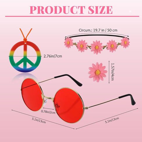 18 Pcs Hippie Costume Accessories for Women 60s 70s Hippie Accessories Set Daisy Hippie Headband Flower Crown Glasses Peace Sign Necklace for 60s 70s Themed Party Favors Groovy Carnival Party Decor in Saudi Arabia