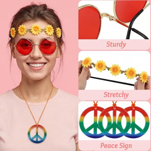 18 Pcs Hippie Costume Accessories for Women 60s 70s Hippie Accessories Set Daisy Hippie Headband Flower Crown Glasses Peace Sign Necklace for 60s 70s Themed Party Favors Groovy Carnival Party Decor in Saudi Arabia