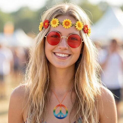 18 Pcs Hippie Costume Accessories for Women 60s 70s Hippie Accessories Set Daisy Hippie Headband Flower Crown Glasses Peace Sign Necklace for 60s 70s Themed Party Favors Groovy Carnival Party Decor in Saudi Arabia