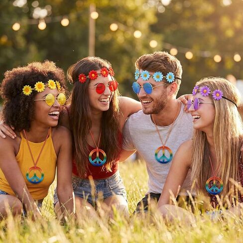 18 Pcs Hippie Costume Accessories for Women 60s 70s Hippie Accessories Set Daisy Hippie Headband Flower Crown Glasses Peace Sign Necklace for 60s 70s Themed Party Favors Groovy Carnival Party Decor in Saudi Arabia