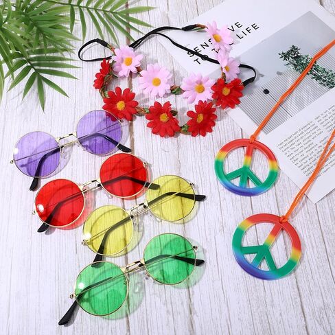 18 Pcs Hippie Costume Accessories for Women 60s 70s Hippie Accessories Set Daisy Hippie Headband Flower Crown Glasses Peace Sign Necklace for 60s 70s Themed Party Favors Groovy Carnival Party Decor in Saudi Arabia