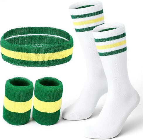 Maiteenly 5Pcs Sweatbands Striped Socks Set Sports Headband Wristbands High Tube Socks 80s Accessories Costume for Women Men in Kuwait