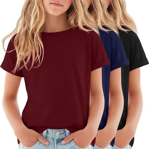 3 Pack Girls' Short Sleeve T Shirts Kids Boat Neck Summer Basic Tops Rolled Cuff Casual Loose Fit Tee 5-14 Years in Kuwait