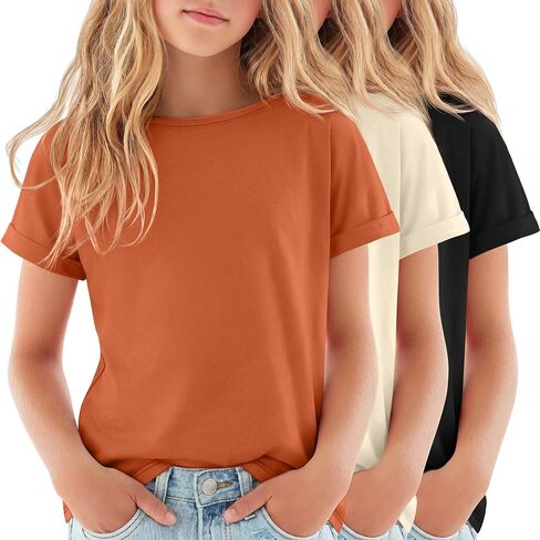 3 Pack Girls' Short Sleeve T Shirts Kids Boat Neck Summer Basic Tops Rolled Cuff Casual Loose Fit Tee 5-14 Years in Kuwait