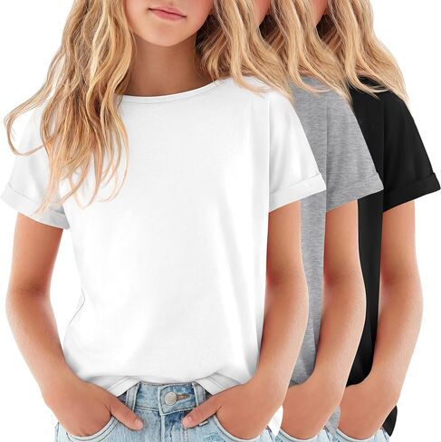 3 Pack Girls' Short Sleeve T Shirts Kids Boat Neck Summer Basic Tops Rolled Cuff Casual Loose Fit Tee 5-14 Years in Kuwait