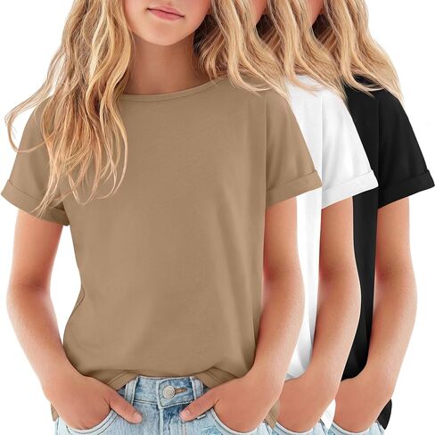 3 Pack Girls' Short Sleeve T Shirts Kids Boat Neck Summer Basic Tops Rolled Cuff Casual Loose Fit Tee 5-14 Years in Kuwait
