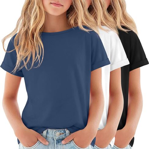 3 Pack Girls' Short Sleeve T Shirts Kids Boat Neck Summer Basic Tops Rolled Cuff Casual Loose Fit Tee 5-14 Years in Kuwait