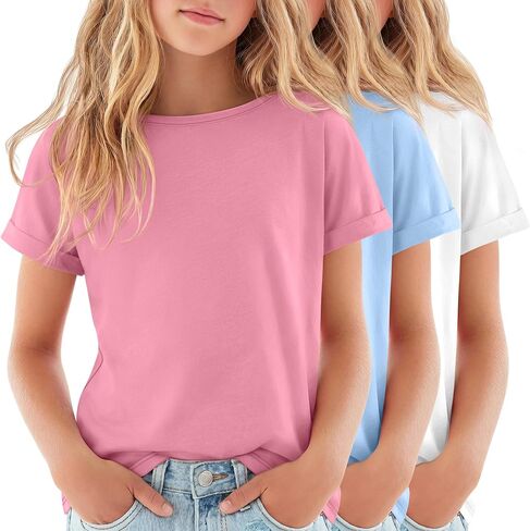 3 Pack Girls' Short Sleeve T Shirts Kids Boat Neck Summer Basic Tops Rolled Cuff Casual Loose Fit Tee 5-14 Years in Kuwait