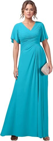 Mother of the Bride Dresses for Wedding Chiffon Pleated Formal Gowns with Sleeve BO118 in Saudi Arabia
