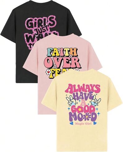 Girls Graphic T-Shirt 3-Pack, Printed Short Sleeve Crewneck Tees for Kids 8–14 in Kuwait