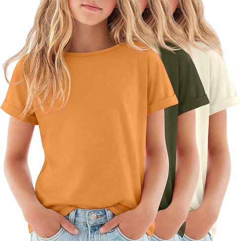 3 Pack Girls' Short Sleeve T Shirts Kids Boat Neck Summer Basic Tops Rolled Cuff Casual Loose Fit Tee 5-14 Years in Kuwait
