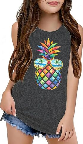 Tewmeu Tank Tops for Girls Kids Summer Graphic Tank Hawaiian Beach Vacation Cute Sleeveless Crewneck Graphic Tees 5-14 Years in Kuwait