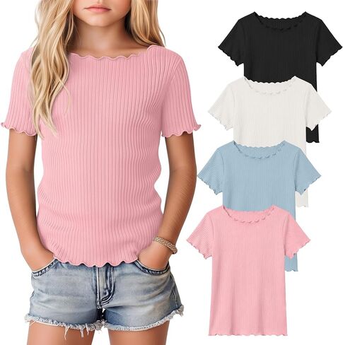 Halfchet 4 Packs Girls' Short Sleeve T-Shirts Ribbed Knit Lettuce Trim Boat Neck Tops Slim Fitted Summer Casual Basic Tees in Kuwait