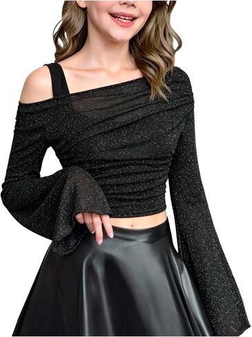 SHENHE Girl's Glitter Top Off The Shoulder Bell Long Sleeve Ruched Asymmetrical Party Shirt in Kuwait