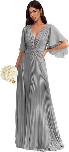 Pleated Long Bridesmaid Dresses for Women Flutter Short Sleeve Chiffon Formal Wedding Guest Dress in Saudi Arabia