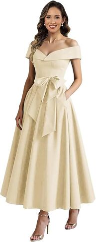 A Line Tea Length Mother of the Bride Dresses for Women 2026 Puffy Satin Off the Shoulder Cocktail Dress with Pockets in Saudi Arabia