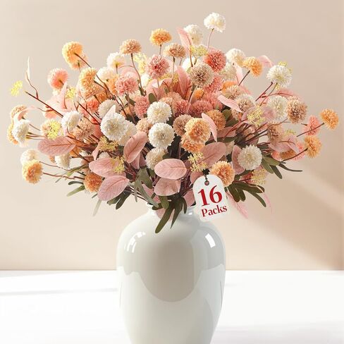 Alupssuc 16 PCS Faux Flowers for Vase Artificial Silk Mums with Eucalyptus, Fake Chrysanthemum Floral with Adjustable Long Stem for Dining Table Centerpiece Home Decoration Indoor, 4 Colors in Saudi Arabia