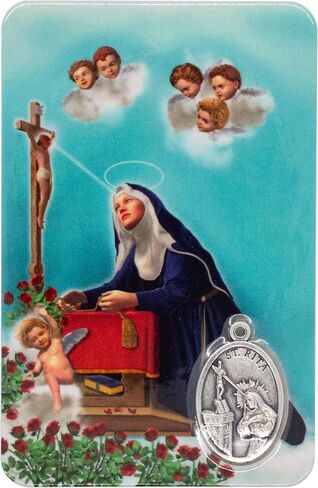 Saint Rita Catholic Prayer Print with Built-In Silver-Tone Medal | Patron Saint of Impossible Causes | Religious Art | Great Gift for First Communion or Confirmation in Kuwait