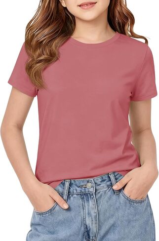 Girls Summer T-Shirts Loose Fit Crewneck Short Sleeve Basic Tees 5-14 Years Trendy Everyday Tops for Girls 2026 in Kuwait