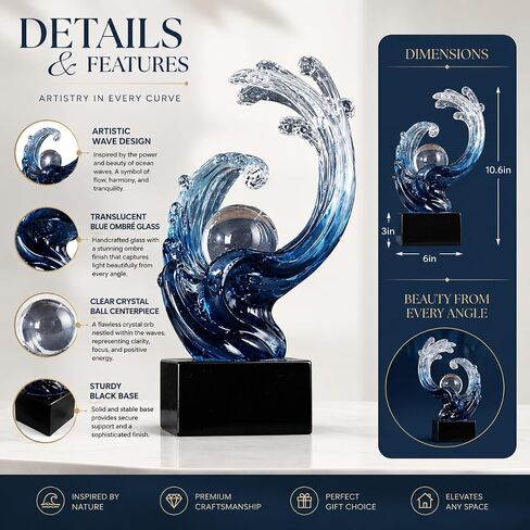 Modern Abstract Decorative Wave Statue, Gold Abstract Art Home Decor,Crystal Ball Art Wave Resin Sculpture, Office Desk Stand, Dining Table Center Decorative Aesthetics (Blue) in Kuwait