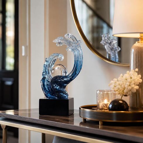 Modern Abstract Decorative Wave Statue, Gold Abstract Art Home Decor,Crystal Ball Art Wave Resin Sculpture, Office Desk Stand, Dining Table Center Decorative Aesthetics (Blue) in Kuwait