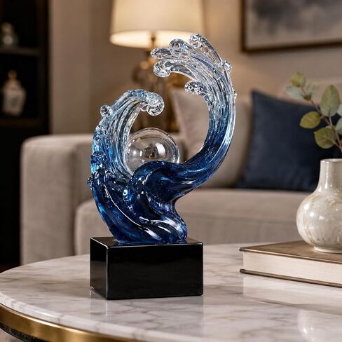 Modern Abstract Decorative Wave Statue, Gold Abstract Art Home Decor,Crystal Ball Art Wave Resin Sculpture, Office Desk Stand, Dining Table Center Decorative Aesthetics (Blue) in Kuwait