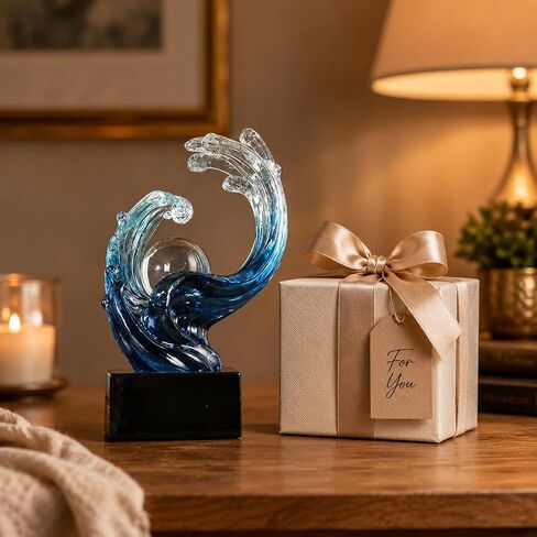 Modern Abstract Decorative Wave Statue, Gold Abstract Art Home Decor,Crystal Ball Art Wave Resin Sculpture, Office Desk Stand, Dining Table Center Decorative Aesthetics (Blue) in Kuwait