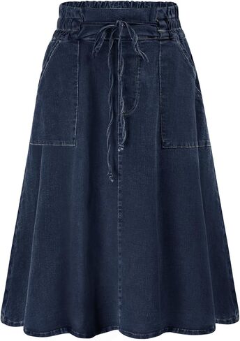 KANCY KOLE Women Casual Denim Skirts Frill Tie Waist A-Line Midi Jean Skirt with Pockets S-XXL in Kuwait