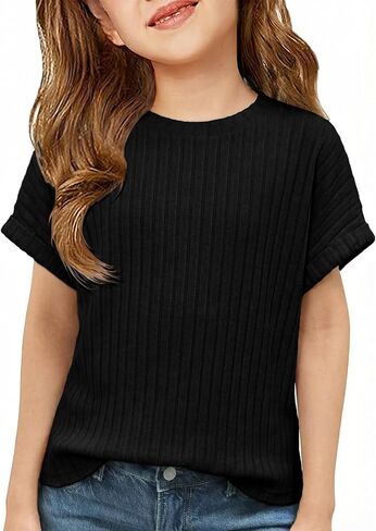 ZDC Girls Short Sleeve T Shirts Kids Summer Textured Tops Crewneck Casual Tee 5-14 Years in Saudi Arabia