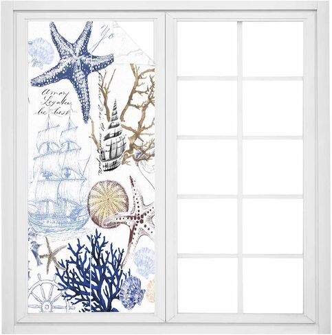 Window Privacy Film Frosted, Blue Brown Coastal Non-Adhesive Static Cling Window Tint, Summer Beach Nautical Coral Starfish Insulated Windows Frosted Films for Living Room, 35.4 x 78.7 Inches in Saudi Arabia