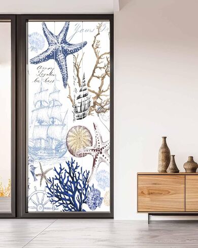 Window Privacy Film Frosted, Blue Brown Coastal Non-Adhesive Static Cling Window Tint, Summer Beach Nautical Coral Starfish Insulated Windows Frosted Films for Living Room, 35.4 x 78.7 Inches in Saudi Arabia