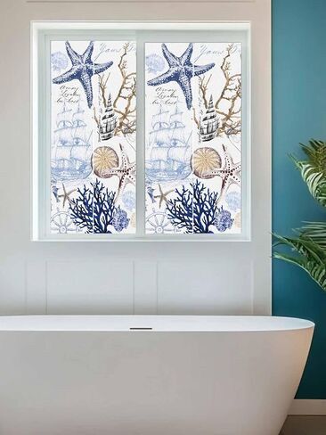 Window Privacy Film Frosted, Blue Brown Coastal Non-Adhesive Static Cling Window Tint, Summer Beach Nautical Coral Starfish Insulated Windows Frosted Films for Living Room, 35.4 x 78.7 Inches in Saudi Arabia