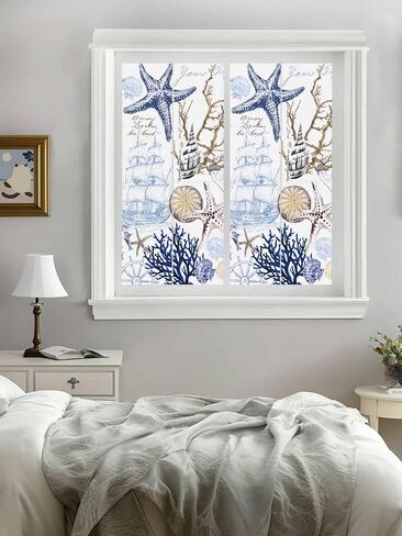 Window Privacy Film Frosted, Blue Brown Coastal Non-Adhesive Static Cling Window Tint, Summer Beach Nautical Coral Starfish Insulated Windows Frosted Films for Living Room, 35.4 x 78.7 Inches in Saudi Arabia