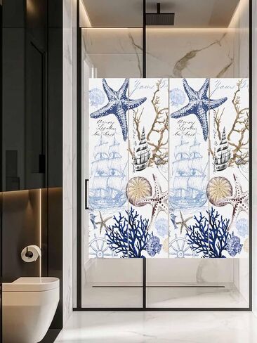 Window Privacy Film Frosted, Blue Brown Coastal Non-Adhesive Static Cling Window Tint, Summer Beach Nautical Coral Starfish Insulated Windows Frosted Films for Living Room, 35.4 x 78.7 Inches in Saudi Arabia