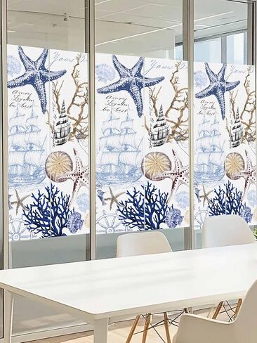 Window Privacy Film Frosted, Blue Brown Coastal Non-Adhesive Static Cling Window Tint, Summer Beach Nautical Coral Starfish Insulated Windows Frosted Films for Living Room, 35.4 x 78.7 Inches in Saudi Arabia