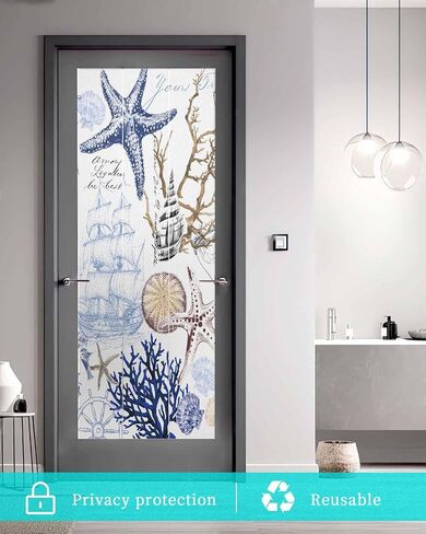 Window Privacy Film Frosted, Blue Brown Coastal Non-Adhesive Static Cling Window Tint, Summer Beach Nautical Coral Starfish Insulated Windows Frosted Films for Living Room, 35.4 x 78.7 Inches in Saudi Arabia