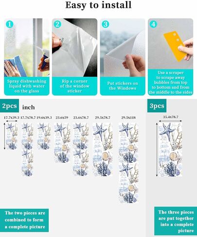 Window Privacy Film Frosted, Blue Brown Coastal Non-Adhesive Static Cling Window Tint, Summer Beach Nautical Coral Starfish Insulated Windows Frosted Films for Living Room, 35.4 x 78.7 Inches in Saudi Arabia