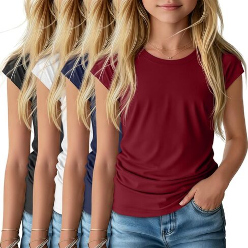 Halfchet 4 Pack Girls Cap Sleeve Tops Kids Ruched Summer Shirts Crew Neck Cute T-Shirts Teen Casual Short Sleeve Clothes in Kuwait