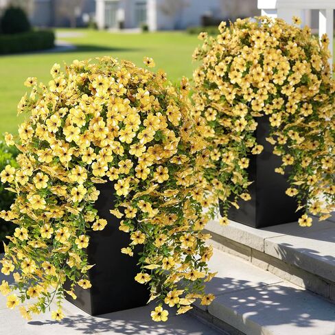 GLIDLION 4 PCS Artificial Morning Glory & Eucalyptus for Outside, Realistic Sun Resistant Fake Silk Hang Flower Faux Eucalyptus Leave for Patio Farmhouse Garden Porches Balcony Decor (Purple) in Kuwait