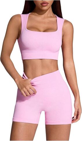 SweatyRocks المرأة تجريب اليوغا ملابس 2 قطعة سلس مضلع مربع عالية الخصر البطن التحكم الصالة الرياضية مجموعة السراويل الرياضية in Kuwait