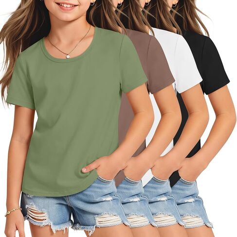 4 Pack Girls Tshirts Tween Cute Summer Tops Teen Slim Fitted Basic Tees Short Sleeve Clothes for Kids Ages 5-14 in Saudi Arabia