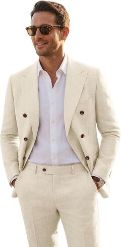 Men's Suits 2 Piece Linen Suit Set Slim Fit Casual Suits for Men Light Champagne Suit Wedding Double Breasted Prom Tuxedo M in Saudi Arabia