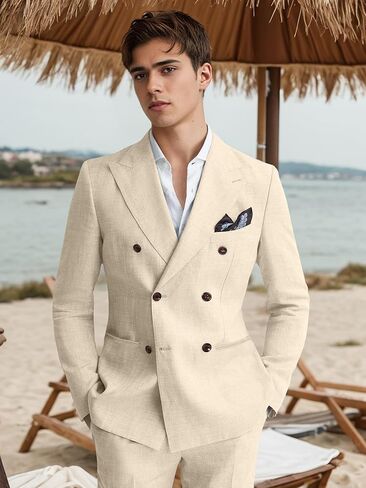 Men's Suits 2 Piece Linen Suit Set Slim Fit Casual Suits for Men Light Champagne Suit Wedding Double Breasted Prom Tuxedo M in Saudi Arabia