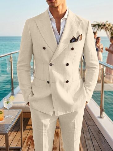 Men's Suits 2 Piece Linen Suit Set Slim Fit Casual Suits for Men Light Champagne Suit Wedding Double Breasted Prom Tuxedo M in Saudi Arabia