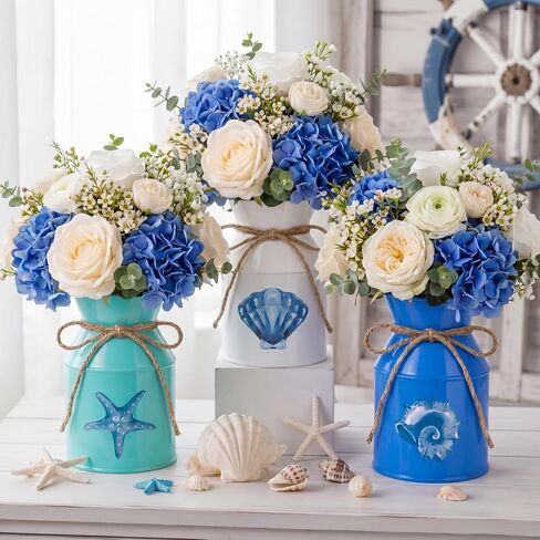 Domensi 3 Pcs 5.12" Beach Coastal Vase Table Decor Metal Seashell Starfish Conch Flower Bucket Farmhouse Ocean Centerpieces for Table Rustic Nautical Milk Can Jug with Twine Bow for Wedding Home Decor in Saudi Arabia