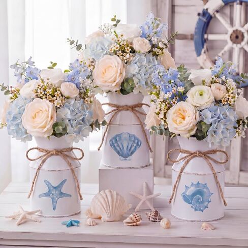 Domensi 3 Pcs 5.12" Beach Coastal Vase Table Decor Metal Seashell Starfish Conch Flower Bucket Farmhouse Ocean Centerpieces for Table Rustic Nautical Milk Can Jug with Twine Bow for Wedding Home Decor in Saudi Arabia
