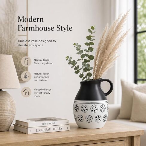 Black and White Ceramic Pitcher Vase, Large Farmhouse Decorative Vase for Pampas Grass, Dried Flowers, Table Centerpiece, Living Room, Entryway Decor in Saudi Arabia
